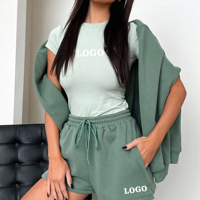 Casual Oversized Cropped T-shirt Summer Solid Color Custom Cotton Women's Casual Short Sleeve Shirt and Shorts