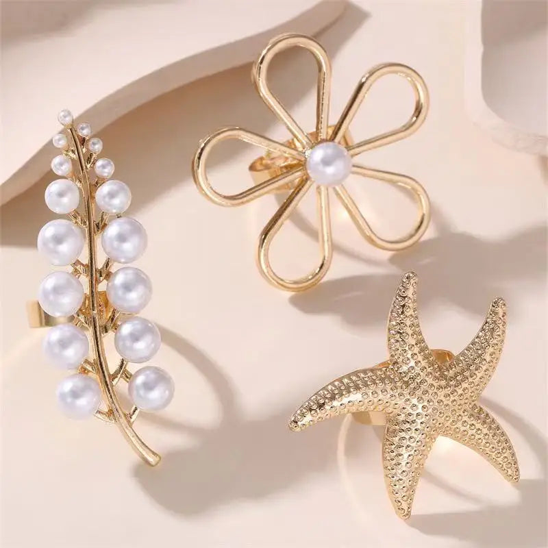 3PCS Set Fashion Gold Pearl Rings for Women Leaf Flower Starfish Nature Design Minimalist Elegant Jewelry Gift