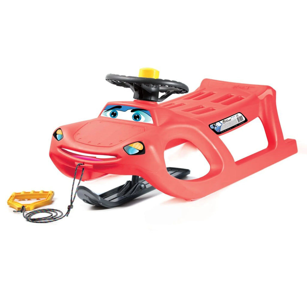 Zigi-Zet Steering Sled - car-shaped with steel gliders and rope - with steering wheel and horn and steerable gliding paddle