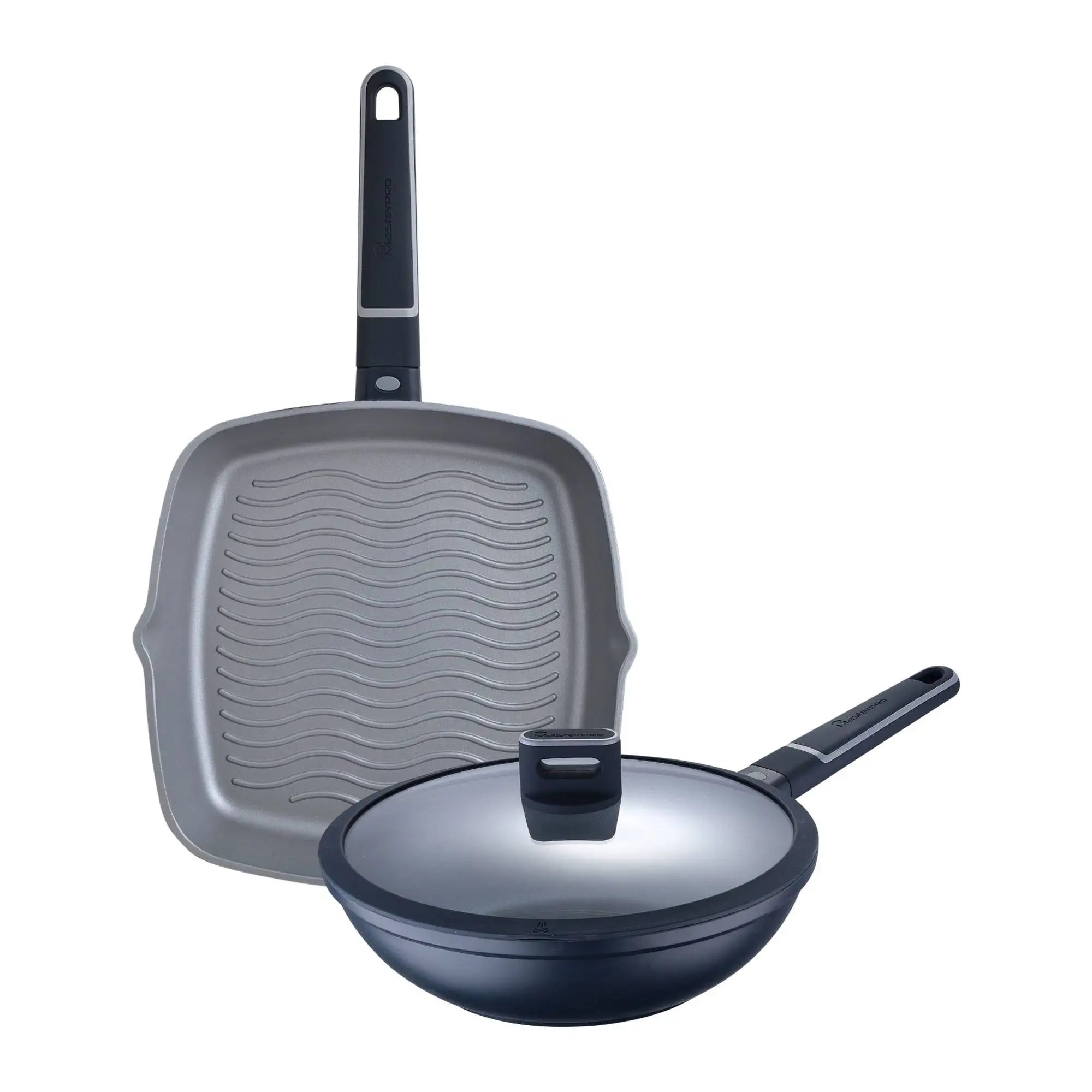 Cast Aluminum Grill Pan Set 28x28x5.5cm + Wok 28x8cm with Lid - Suitable for Induction - INDIGO MasterPRO