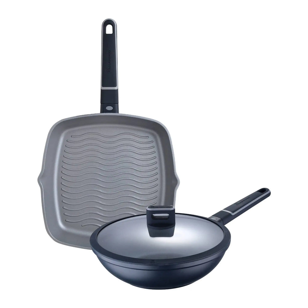 Cast Aluminum Grill Pan Set 28x28x5.5cm + Wok 28x8cm with Lid - Suitable for Induction - INDIGO MasterPRO