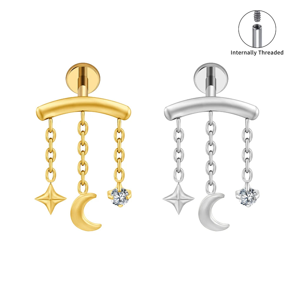 Titanium Internal Thread Chain Star Moon CZ Hidden Cartilage Earring Floating Helix Tragus Flat Back Labret Piercing Jewelry