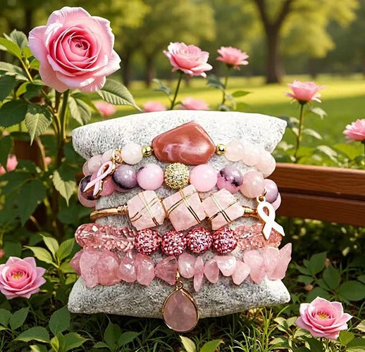 Women Bohemian Custom Jewelry Pink Chip Natural Gemstone Glass Bead Elastic Bracelet Pink Ribbon Charm 5pcs Stack Bracelet Set