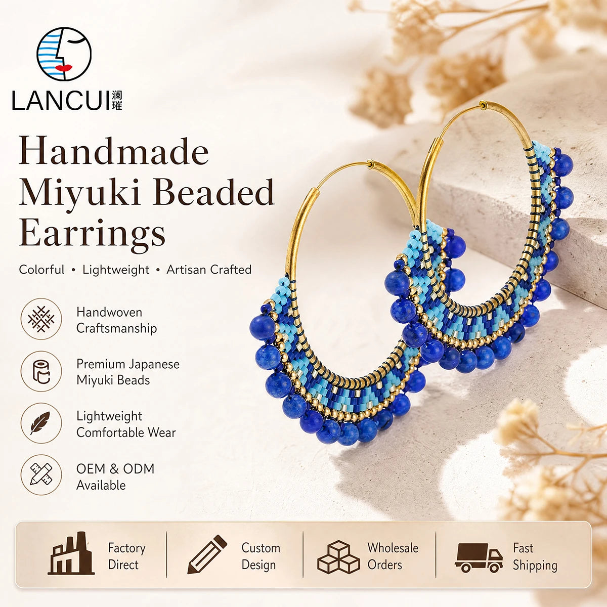 Custom Handmade Bohemian Simple Design Dark Blue Miyuki Beads Big Hoop Earrings for Women Girls