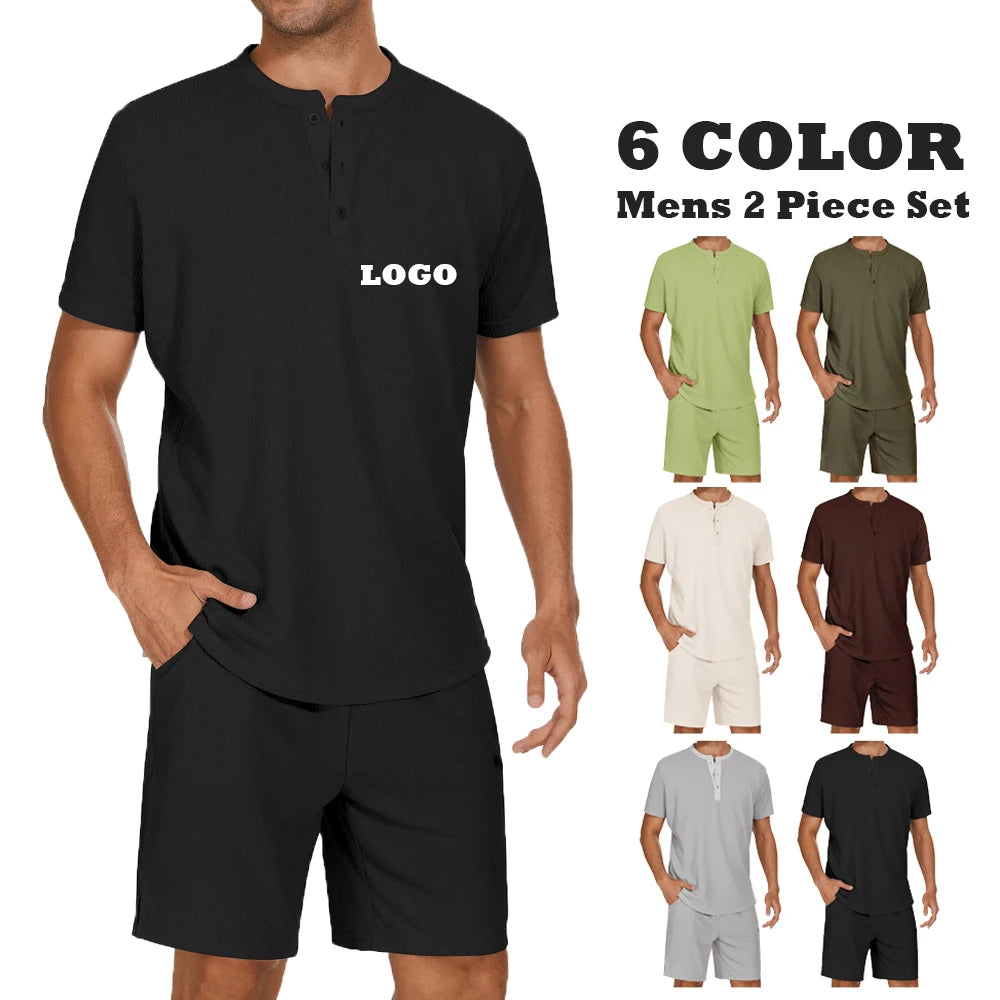 Summer Men 2 Piece Suits Short Sleeve Tops and Shorts Solid Color Henley Shirt Tracksuits for Men