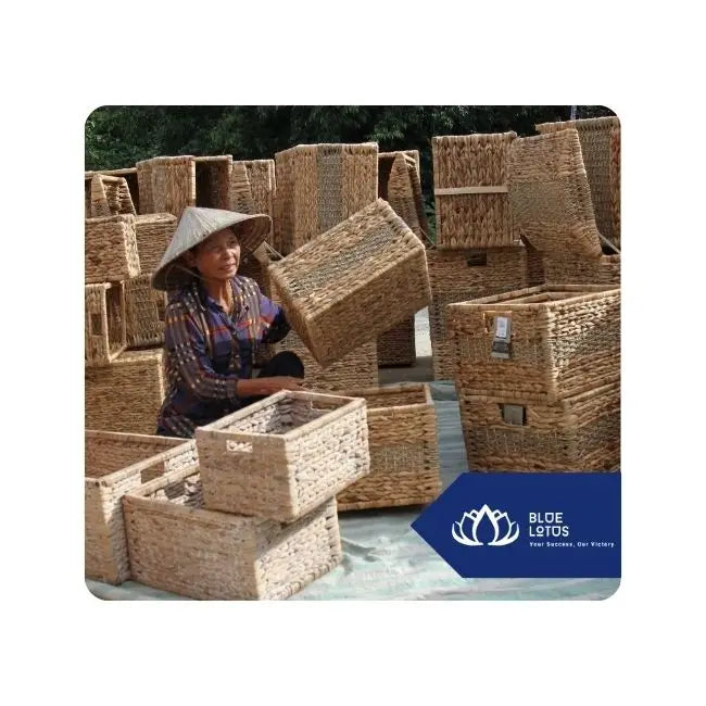 Stylish Eco-Friendly Vintage Water Hyacinth Tray Basket Handcrafted for Versatile Use in Bedrooms Bathrooms Blue Lotus Vietnam