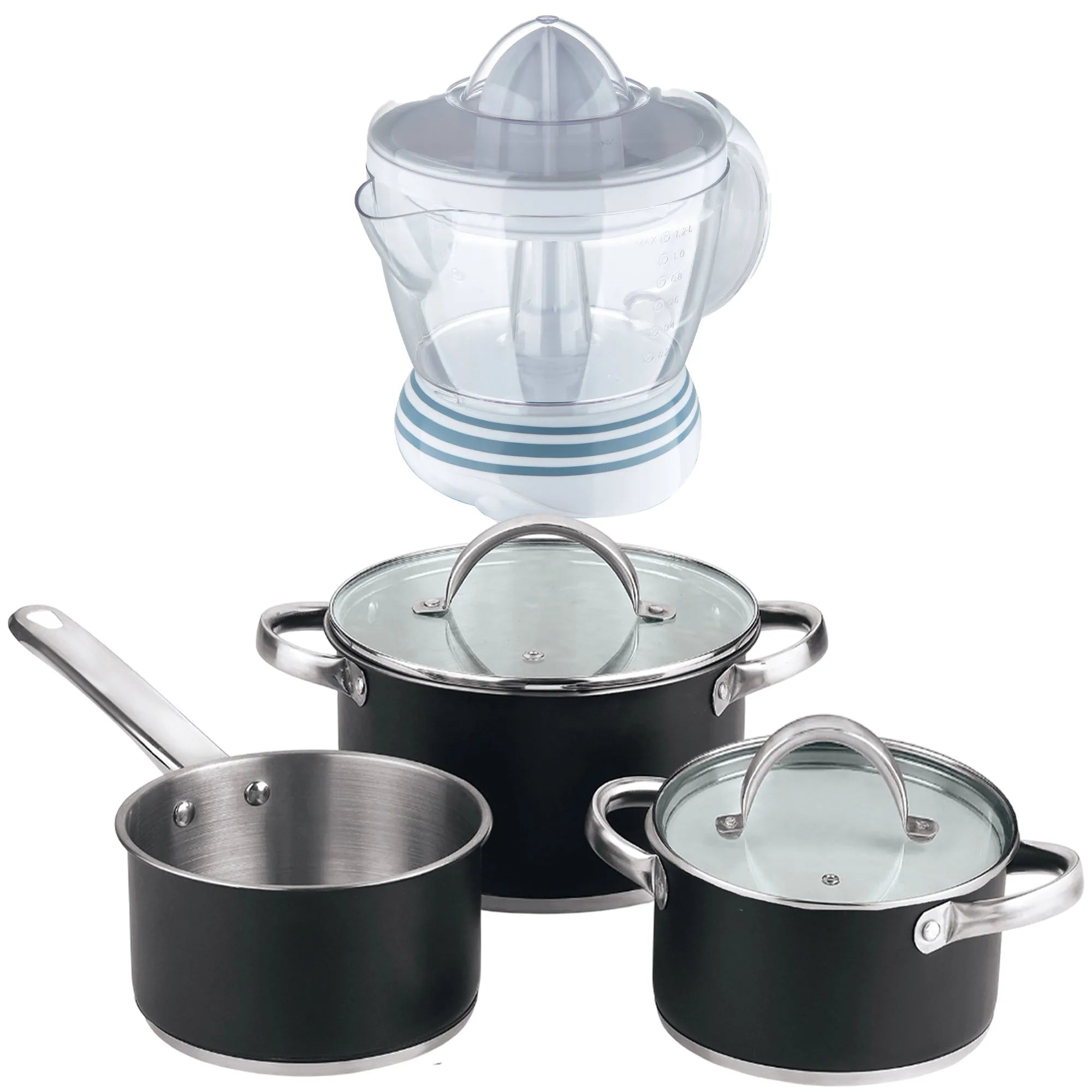5-piece cookware set (2 saucepans with lids + saucepan) stainless steel with coating + Bergner NATURALLY - 40W Juicer - 1.2