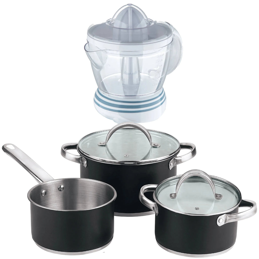 5-piece cookware set (2 saucepans with lids + saucepan) stainless steel with coating + Bergner NATURALLY - 40W Juicer - 1.2