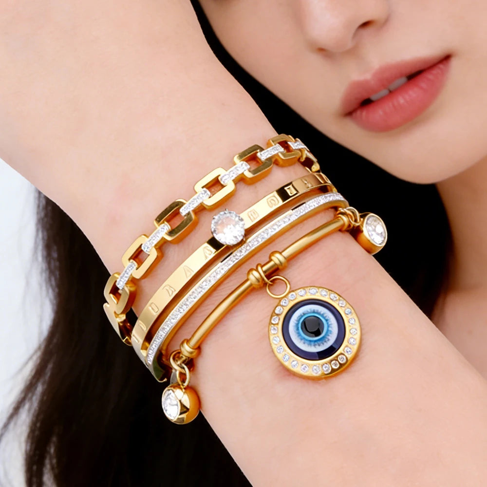 18K Gold Plated Zircon Gemstone Elegant Luxury Women's Fashion Bracelet Stainless Steel Bangles Jewelry Charm
