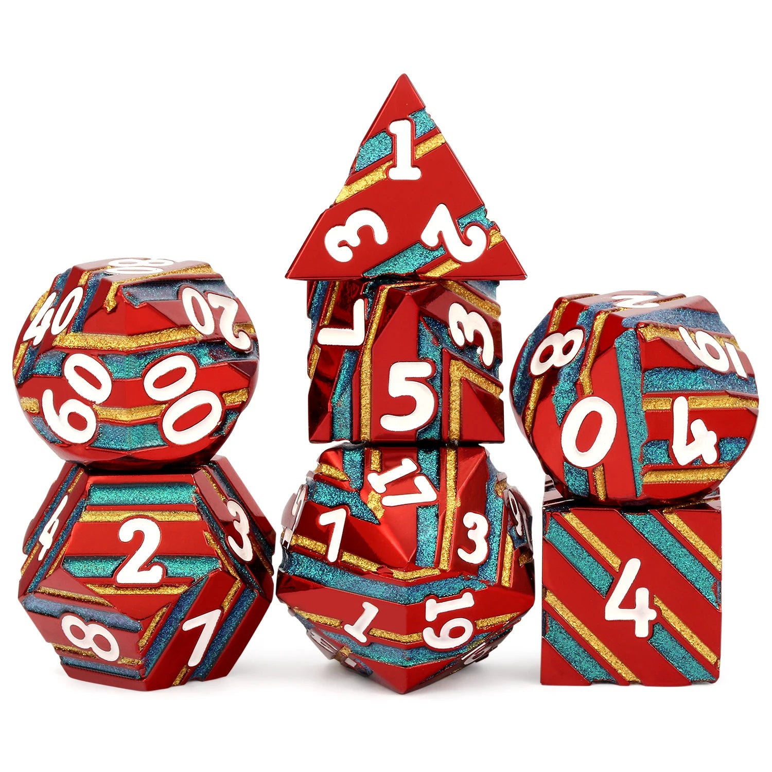 Wholesale Rainbow Stripe Polyhedral Square 16mm DND Metal Dice Set 7 PCS for Dungeons and Dragons