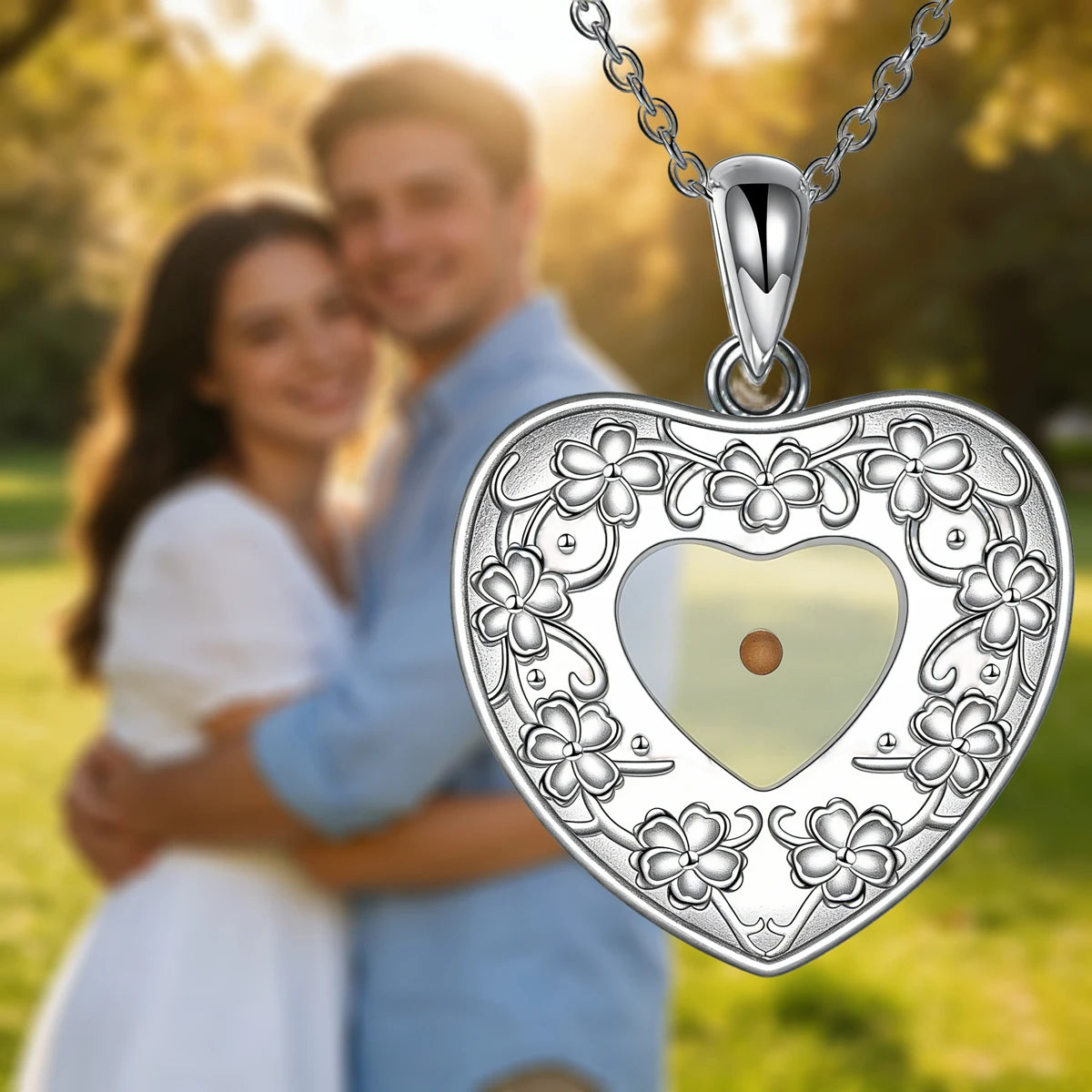 Silver Stainless Steel Mustard Seed Heart Engraved Floral Pattern Pendant Faith Necklace for Women Tarnish Resistant