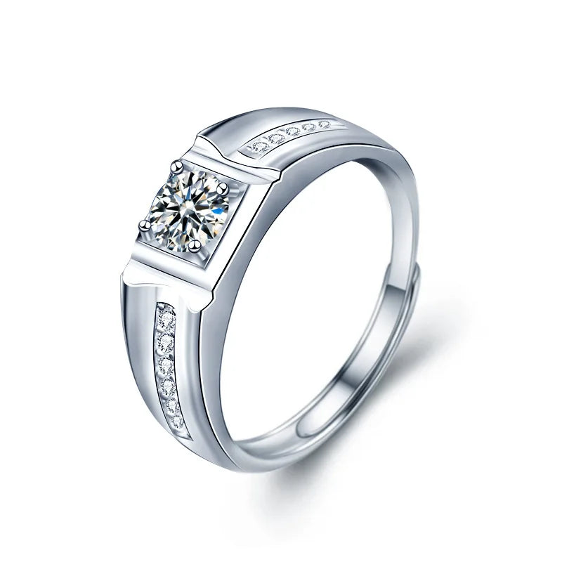 XJZ038 Men's Moissanite Wedding Anniversary Band 1/0.5 Carat Bezel Set Comfort Fit with Accent Stones in Sterling Silver Ring