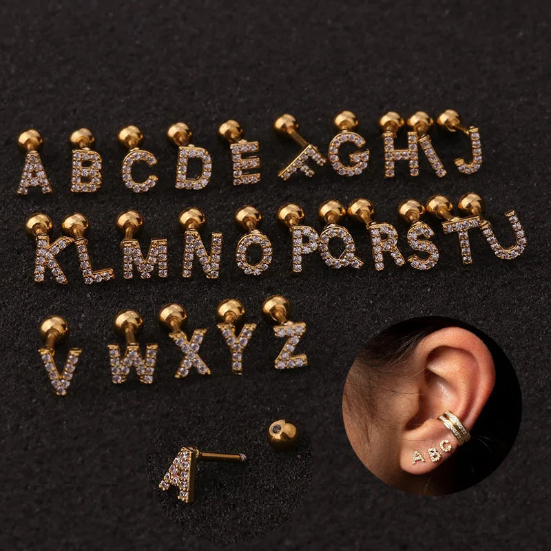 Hot Selling Jewelry Gold Plated Stainless Steel CZ 26 Letters Initial Ear Piercing Cartilage Screw Back Stud Earring for Women