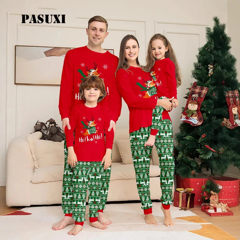 PASUXI Christmas Family Matching Pajamas Sleepwear with Deer Print & Festive Letter Design Cozy Fleece Home Clothes