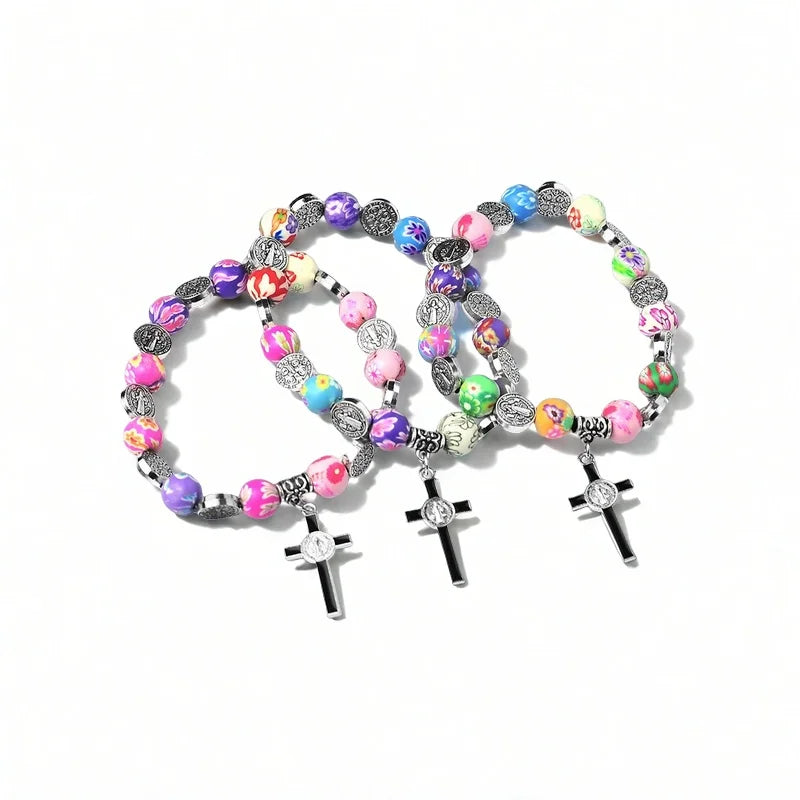 Catholic Communion Rosary Soft Pottery Cross Beads Colorful Jesus Pendant Bracelet for Baptism Prayers Religious Church Parties