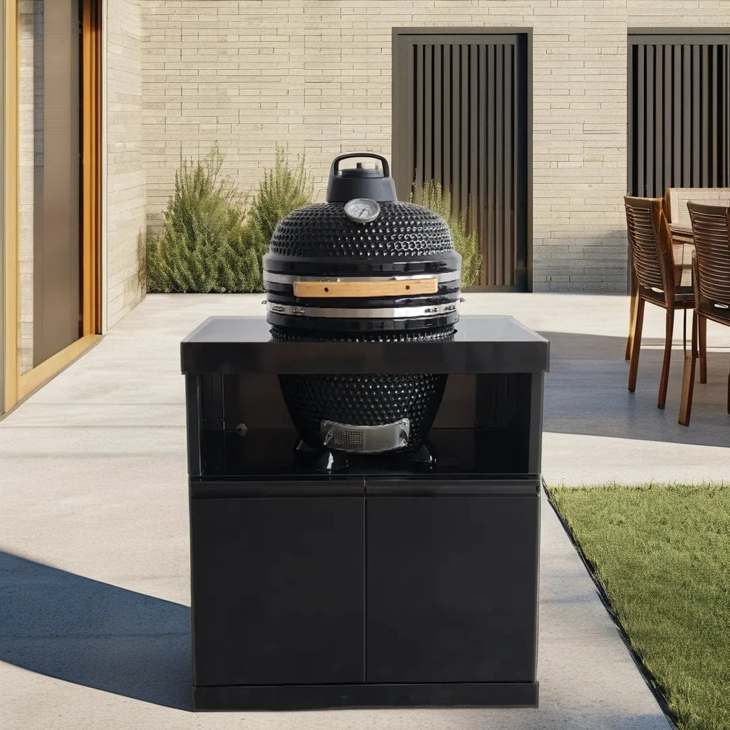 18-Inch 304 Black Stainless Steel -Shaped Kamado Smoker Grill BBQ with Charcoal System and Storage Cabinet