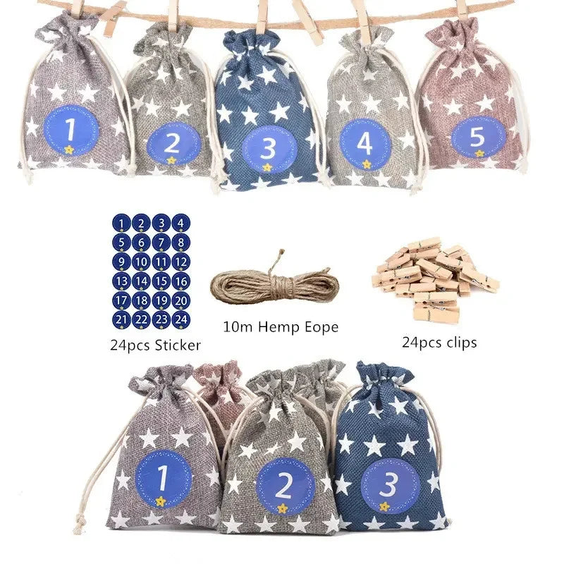 Hot Sale Linen Christmas Countdown Gift Bag 24pcs DIY Hanging Candy Storage Pouches Advent Calendar Bags