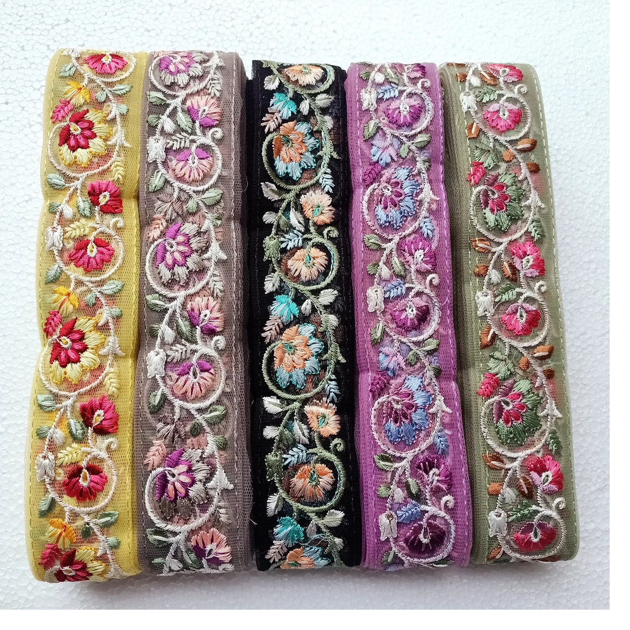 Custom Made Eco-Friendly Floral Embroidered Lace Trim in Five Colours in 1.25 Inch Width on Organza Base Fabric for Resale