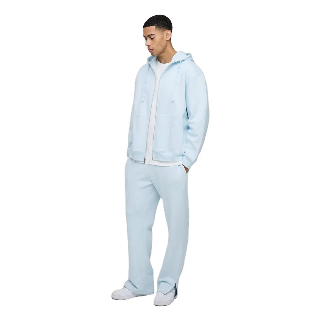 Bulk Sky Blue Full Zip Hoodie & Trouser Co Ord Plush Fleece Urbanwear 2pc Outfit with Adjustable Waist & Split Hem Ankle Design
