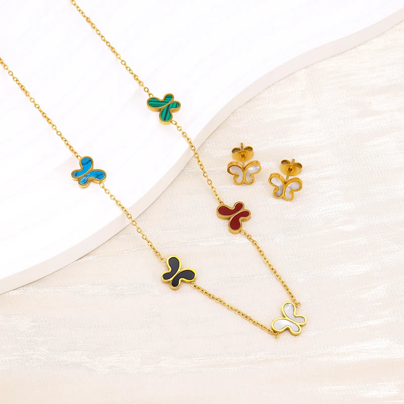 Summer Color Enamel Butterfly Necklace Earrings PVD Nickel & Copper Free Jewelry 316L Stainless Steel Jewelry Set for Women MegaBDM