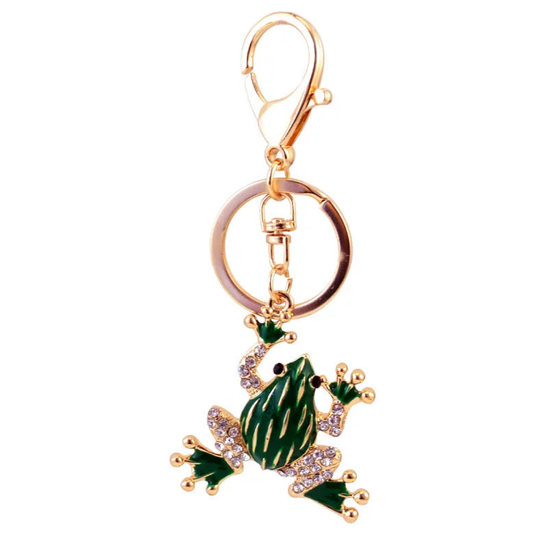 Golden Plated Carton Metal Rhinestone Animal Crystal Pendant Jewelry Enamelled Green Frog Key Chain Keychain With Key Ring