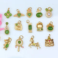 JS1662 Small Matte Gold Plated Brass Jade Stone Paved Cat Bear Horse Flower Candy Heart Angel Wing Charms for Bracelet Making