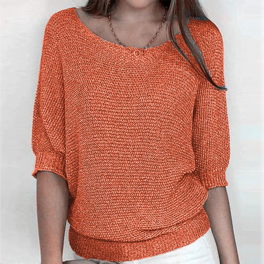 Spring New Arrival: Women's Solid Color Crew Neck Knit Top - Elegant Three-Quarter Sleeve Office-Ready Air-Conditioning Sweater
