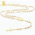 Non Tarnish Pearl Beaded Gold Plated Stainless Steel Virgin Mary Rosary Necklace Lady De Guadalupe Christ Gold Rosary Necklace
