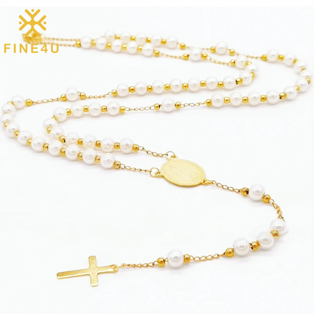 Non Tarnish Pearl Beaded Gold Plated Stainless Steel Virgin Mary Rosary Necklace Lady De Guadalupe Christ Gold Rosary Necklace