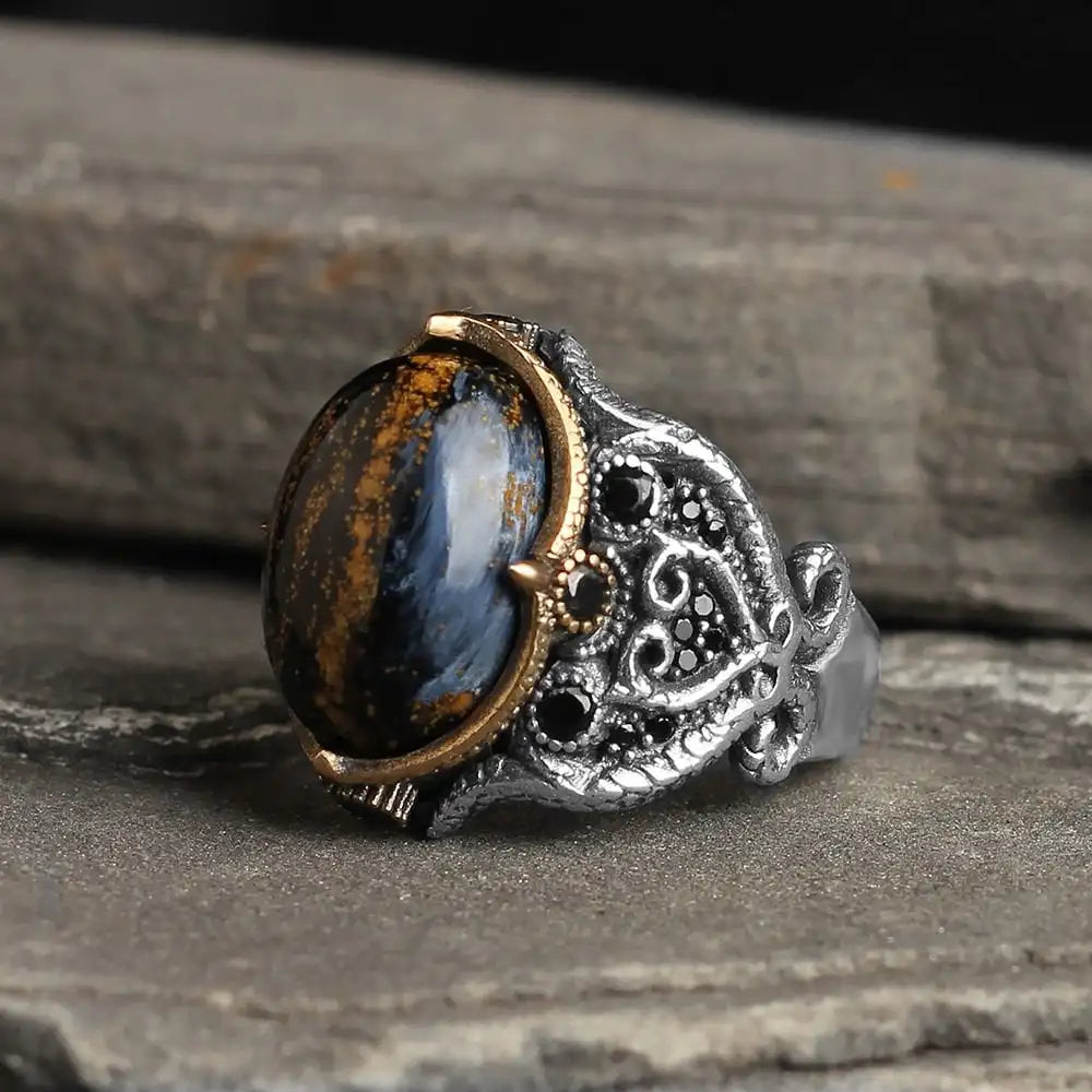 Azuris VALKH1477 Hot Sales Turkey 925 Sterling Silver Men's Ring Ottoman Style Natural Black Stone Fashionable Stylish