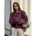 2025 Autumn European & American Stylish Women's Vintage Biker-Style Burgundy Matte Leather Jacket