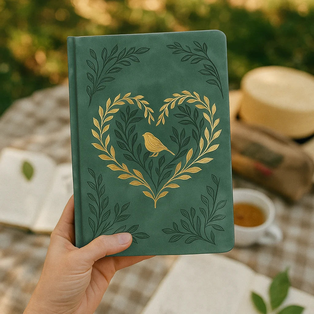 LABON Green PU Leather Notebook Bird and Heart Leaf Deboss Elegant Journal with Gold Foil and Rounded Corners