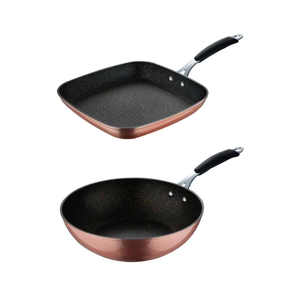 Bergner Copper Grill Pan Set 28x28cm + Wok 28cm in Forged Aluminum with ILAG ESSENTIAL Coating