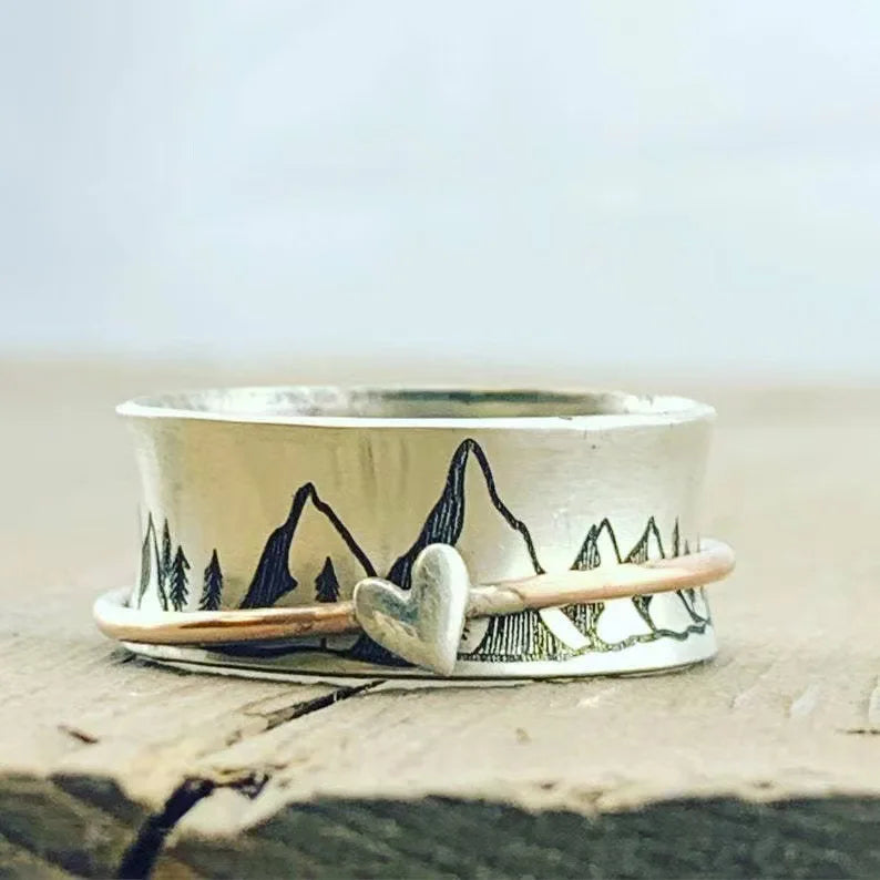 2022 New Mountain Pattern Ring Rotating Love Two-Color Decompression Women Fashion Peach Heart Ring