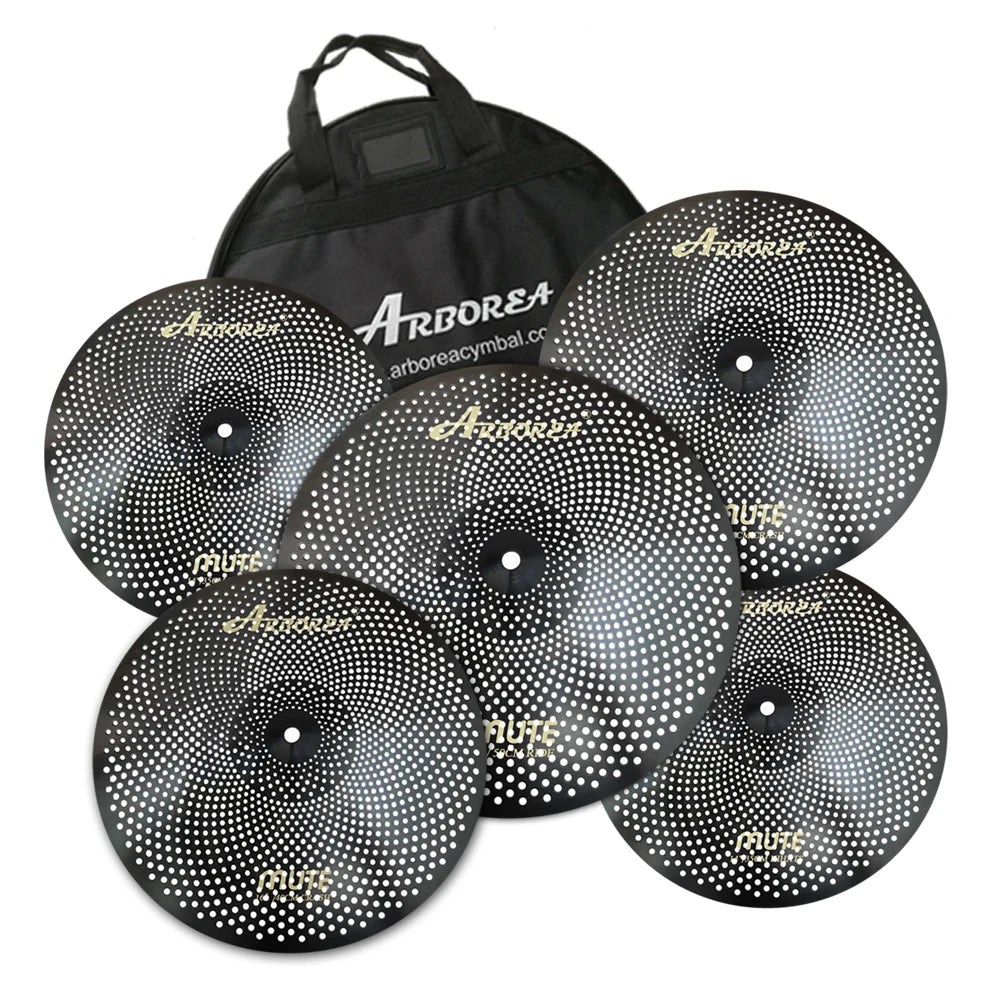 Wholesale Hot Sale Arborea Black Color Mute Low Volume Cymbal Set 14''Hihat+16''Crash+18''Crash+20''Ride+Cymbal Bag