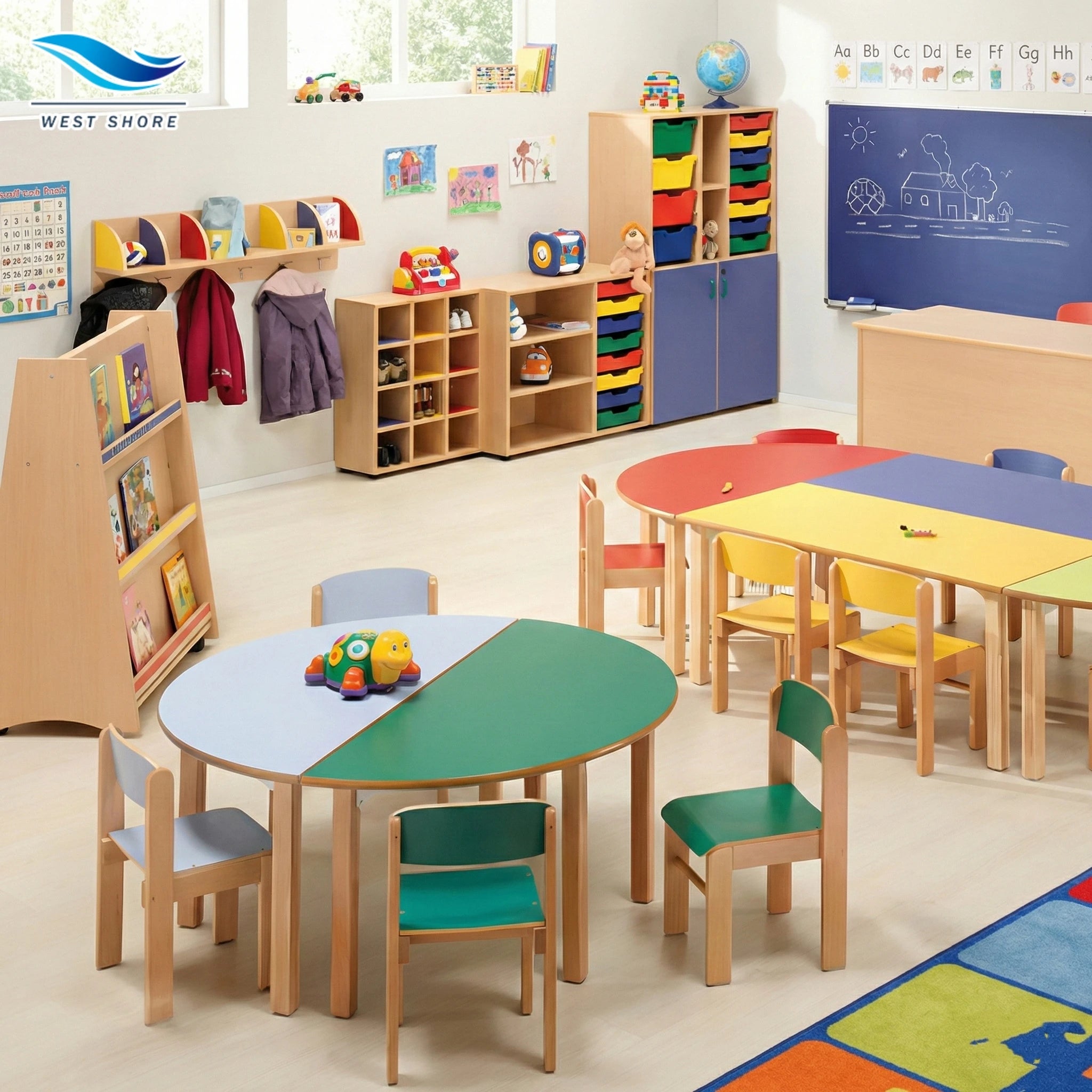 Montessori Rainbow Table and Chair Set for Preschool Kindergarten Daycare Kids Classroom Furniture with Wooden Storage Cabinet