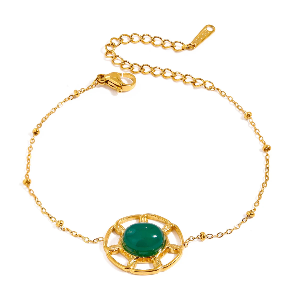 J&D 18k Gold Stainless Steel Oval Green Agate Hollow Pendant Bracelet 16.5+5cm Unique Natural Stone Charm Jewelry MegaBDM