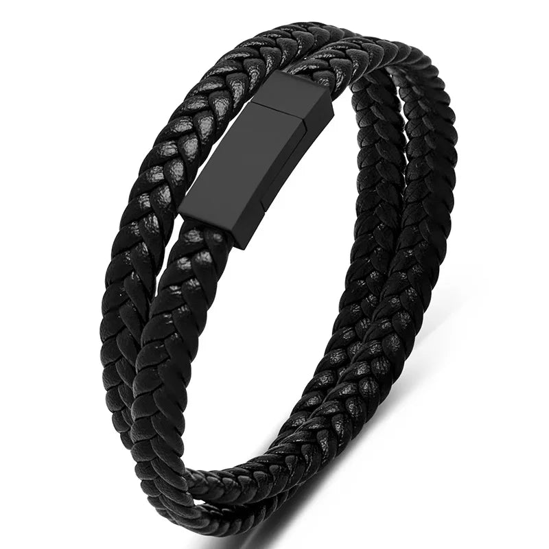 Simple Double Loop Braided Black Leather Bracelet for Men and Women Korean Style Versatile Stainless Steel Jewelry MegaBDM
