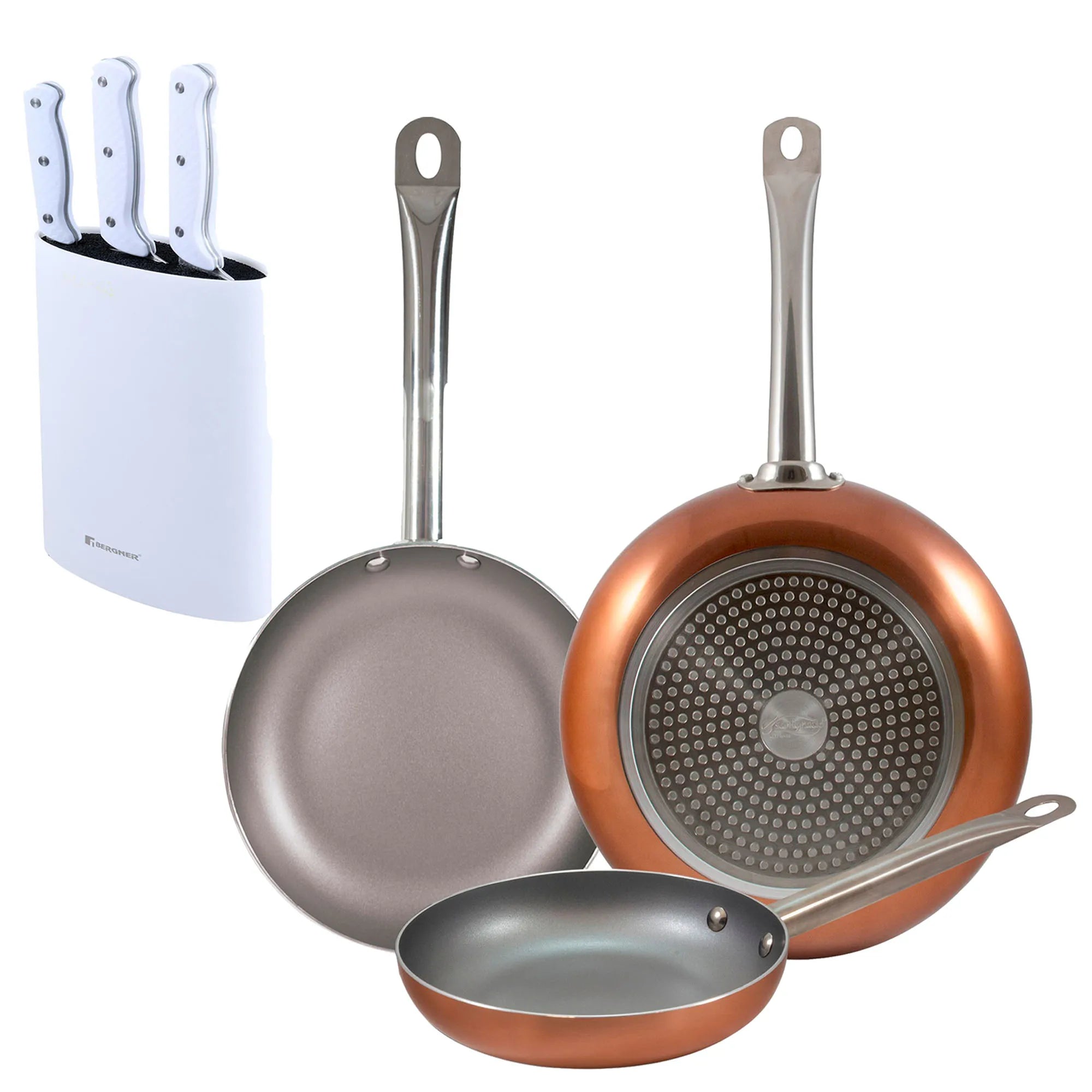 Set of 3 San Ignacio frying pans (18 22 26cm) made of pressed aluminum suitable for induction hobs + Set of 3 knives with