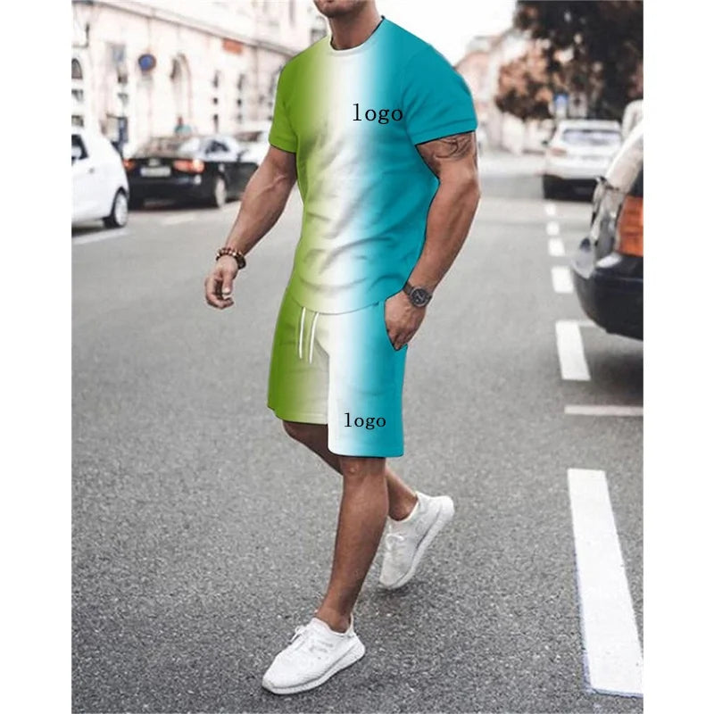 Summer 2023 New Men Tracksuit Custom Logo Gradient 3D Printing Shorts T-Shirt Men'S Casual Sports Jogger Short Sets for Men