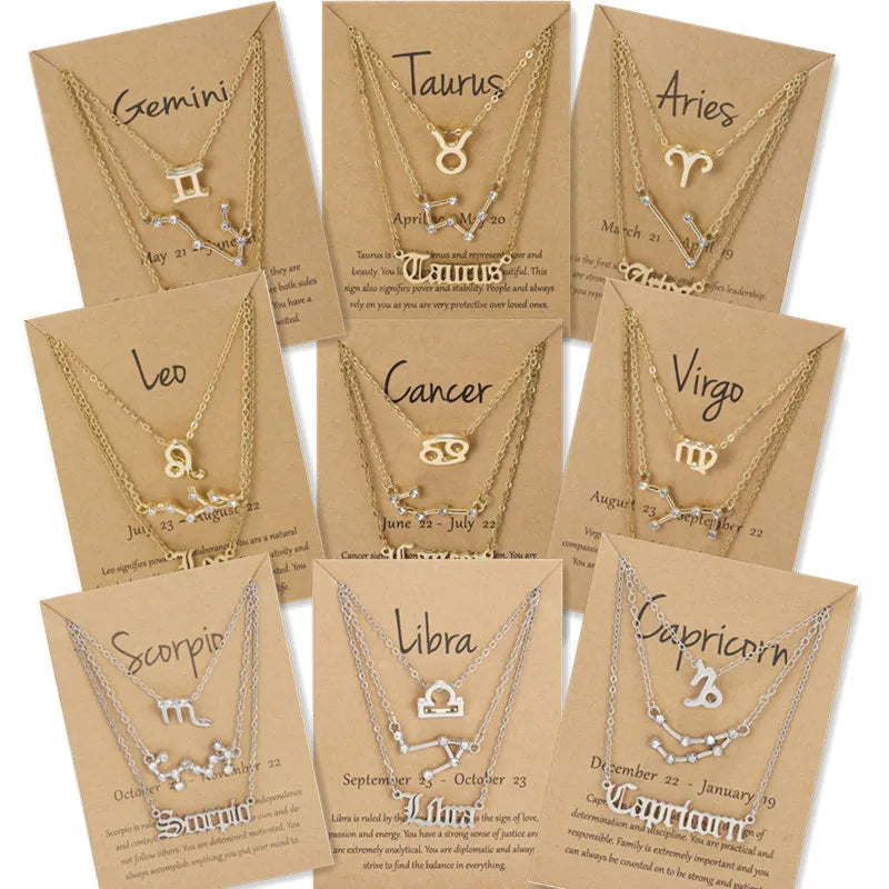 Hot Sale Fashion 3 Pcs Symbol Starry Sky English Letter Silver Gold 12 Zodiac Jewelry  Necklace Set for Woman With Paper