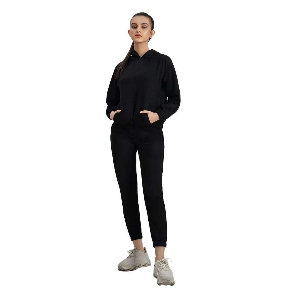 Black Men's Winter Printed Two Piece Tracksuit Pullover Hoodie Elastic Waist Slim Shorts Custom Logo Minimal Casual Streetwear