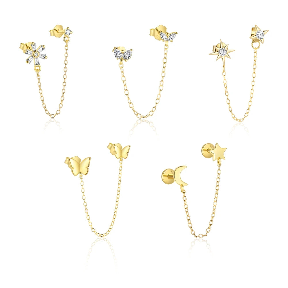 Trendy 925 Sterling Silver Statement Jewelry Zircon Butterfly Star Moon Dangle Drop Chain Tassel Stud Earrings