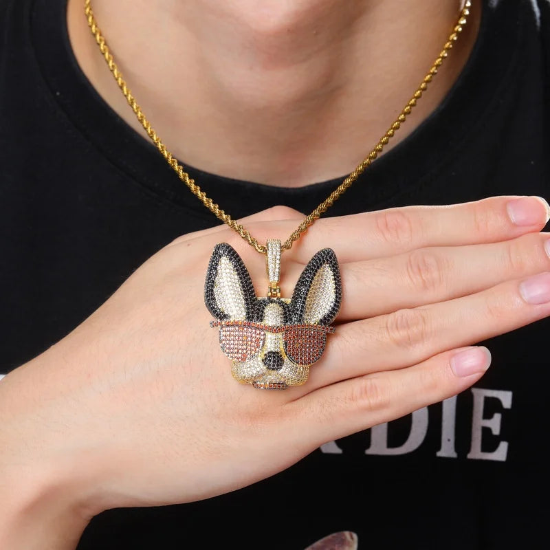 Hip Hop Cubic Zirconia Iced Out Brass Gold Plated Personality Cool Dog with Sunglasses Pendant Necklaces Men Boys Rapper Jewelry
