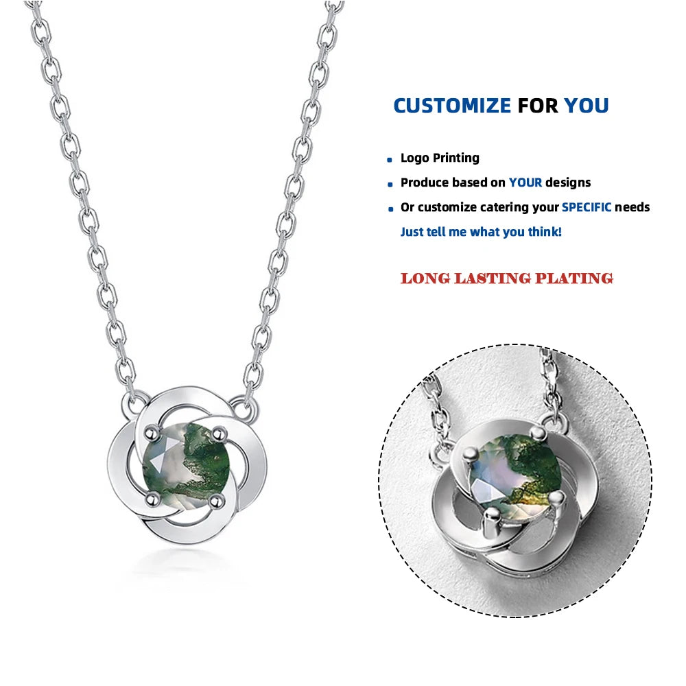 N003789-L 925 Sterling Silver Natural Moss Agate Gemstone Necklace for Woman Friends Chain Jewelry Gifts Wedding Party