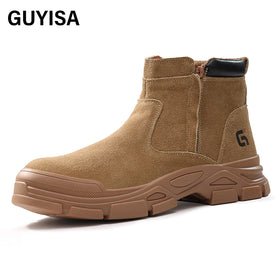 GUYISA Faux Suede Upper European Standard Steel Toe High Top Safety Shoes Yellow Brown Safety Boots