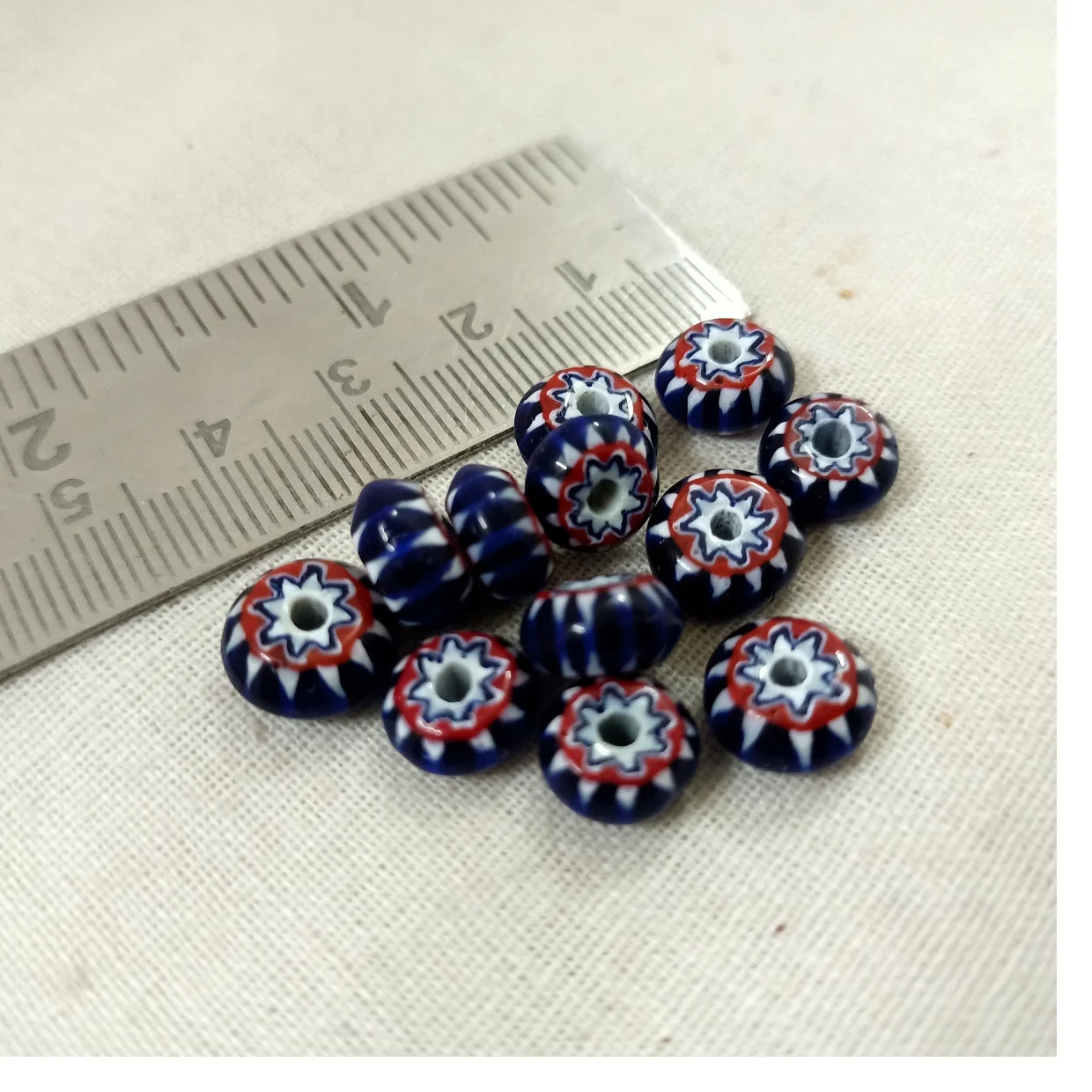 Custom Made Disc Shaped Chevron Glass Beads in Blue White and Red Colors Ideal for Native and Traditional Jewelry Designers