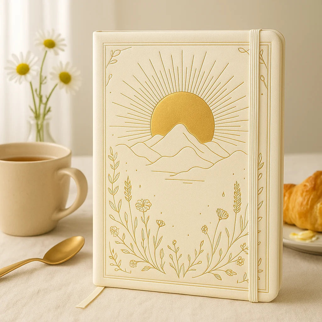 LABON Minimalist Sun and Mountain Journal Cream PU Leather Notebook with Gold Foil Nature Embossing and Elastic Band