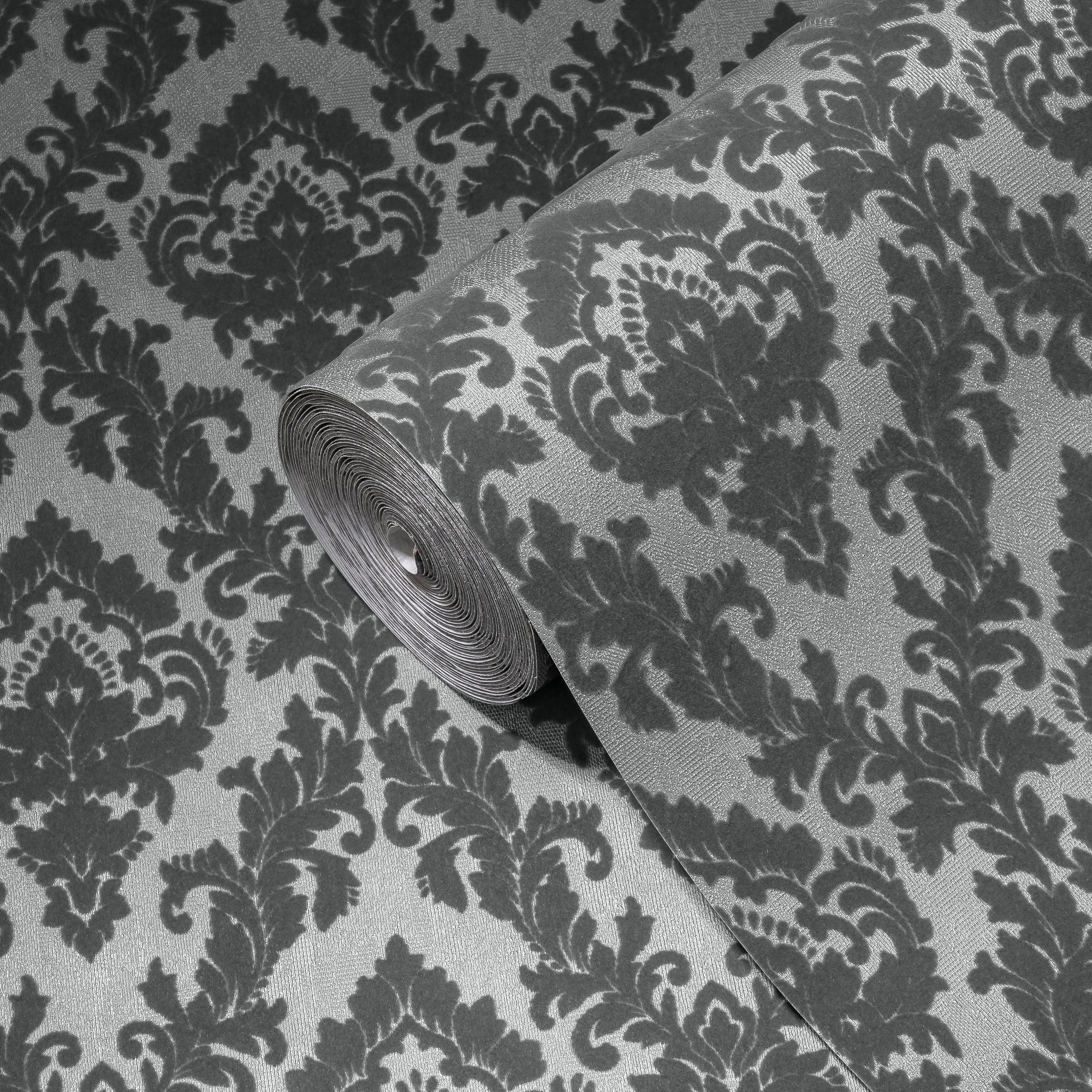 Made in Germany Luxury Wallpaper Rolls with Velvet Flock Damask Grey Non Woven Premium Fabric Wallpaper Decor - 1005 x 052 m