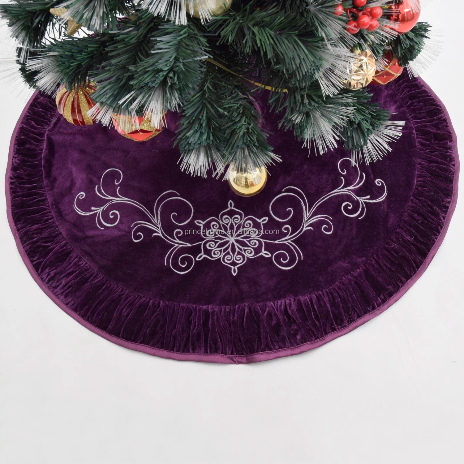 Wholesale Sorrento Purple Velvet 50'' Round Christmas Tree Skirt with Rich and Noble Flower Embroidery 50pcs Minimum Order